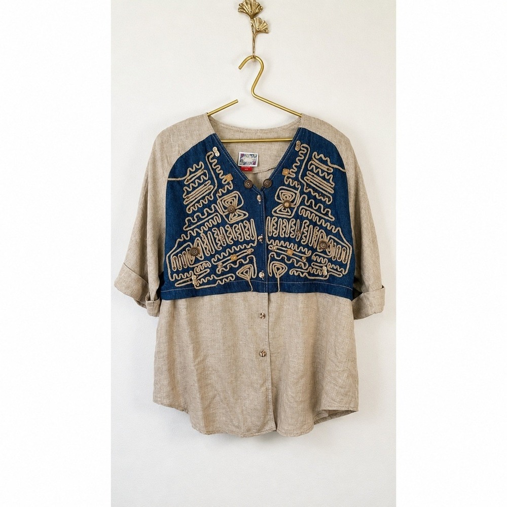 Vintage 90s Denim Rhinestone‎ Studded Western Boho Blouse Plus Size 1XP